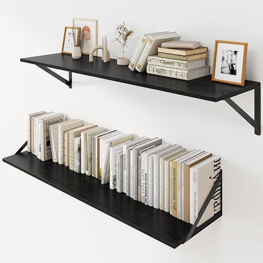 Heimlove Black Deep Floating Shelves for Wall, 36W x 8D Wood Wall Shelves Set of 2, Wide Floating Bookshelf for Living Room, Kitchen, Office, Bedroom and Decor Storage, with Metal Bracket - Black