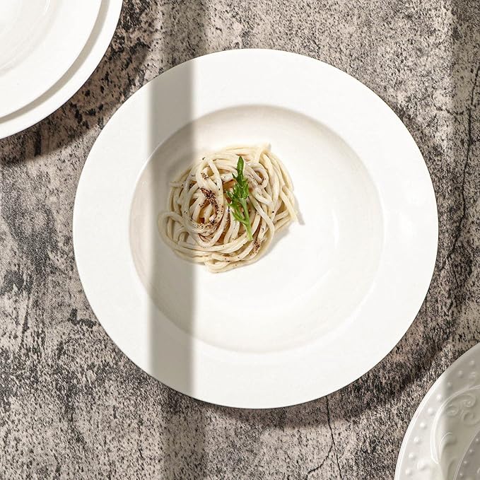 Artena Pasta Bowls 20oz, Large Salad Serving Bowls, 10 inch White Soup Bowl, Porcelain Pasta Bowl Set of 4, Rimmed Deep Pasta Plates, Wide and Shallow for Dinner, Microwave Dishwasher Safe