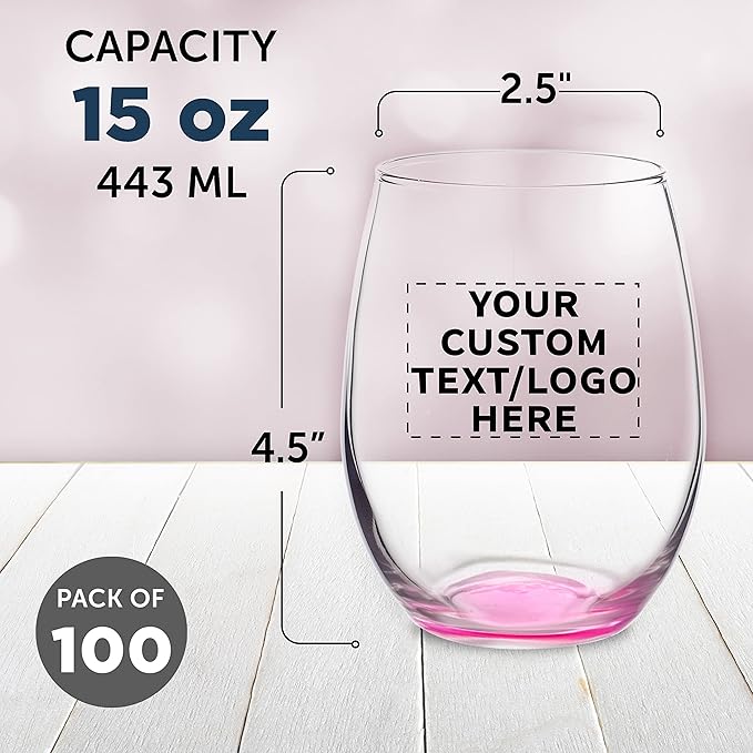 Custom Stemless Wine Glasses in Bulk by ARC Perfection, 15 oz, 100 pack, Personalized Text, Logo, Red or White Wine Glass Set, Pink