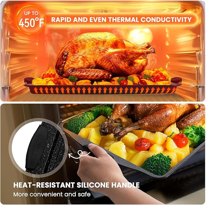 Kikcoin 22 PCS Nonstick Baking Pans Set, Stackable Bakeware Sets with Silicone Handles, 450°F Oven Safe Baking Sheet set, Easy Release Cookie Sheets for Baking, Black