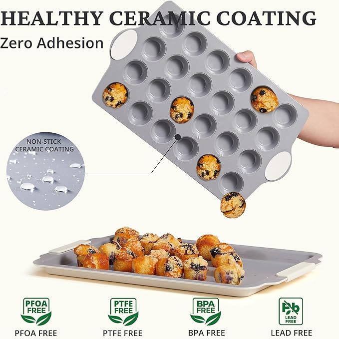 BRONYPRO Ceramic Mini Muffin Pan, 24-Cup Nonstick Aluminized Steel Mini Cupcake Pans, Healthy Non-Toxic Ceramic Coating Muffin Tin, 2 Pack Cup Cake Pans for Baking Cream