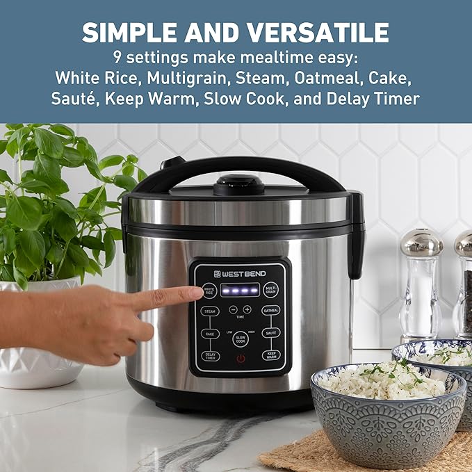 West Bend Rice & Grain Multi Cooker Programmable with 9 Preset Functions, Features Delay Start and Keep Warm Functions and Steam Basket, 20 Cups Cooked, Stainless Steel