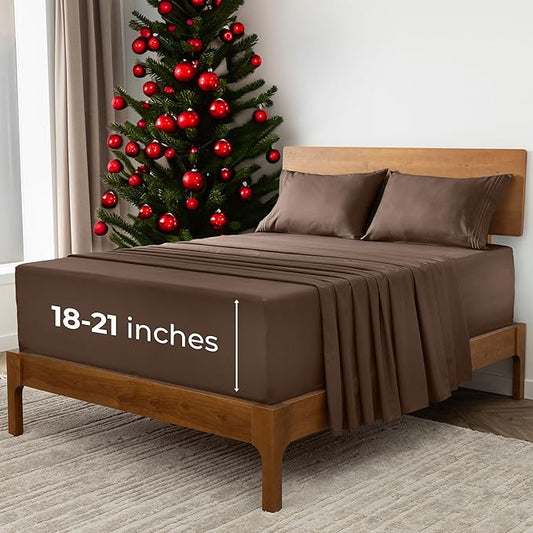 Mellanni Extra Deep King Sheets - 4 PC Iconic Collection Bedding - Hotel Luxury, Ultra Soft, Cooling Bed Sheets - Wrinkle, Fade, Stain Resistant (King, Brown)