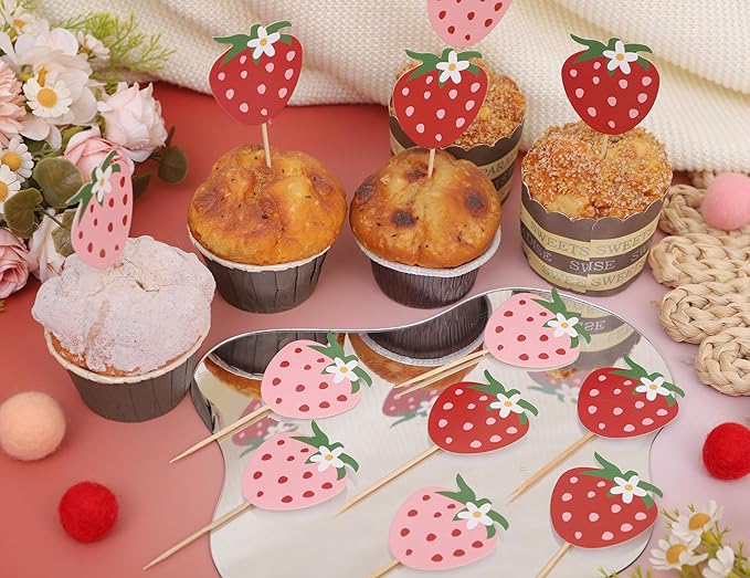 Strawberry Birthday Cupcake Toppers - Strawberry Berry One 1st Birthday Cake Topper,Fruit Themed 1st Party Decorations.Sweet One Cupcake Toppers (Strawberry cake topper)