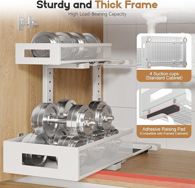 2-Pack Under Sink Storage Organizer, Large 2-Tier Elegant Mesh Pull Out Shelf for Kitchen and Bathroom Cabinet Organization, L-Shaped and Adjustable Height Design for Maximum Space Efficiency-White