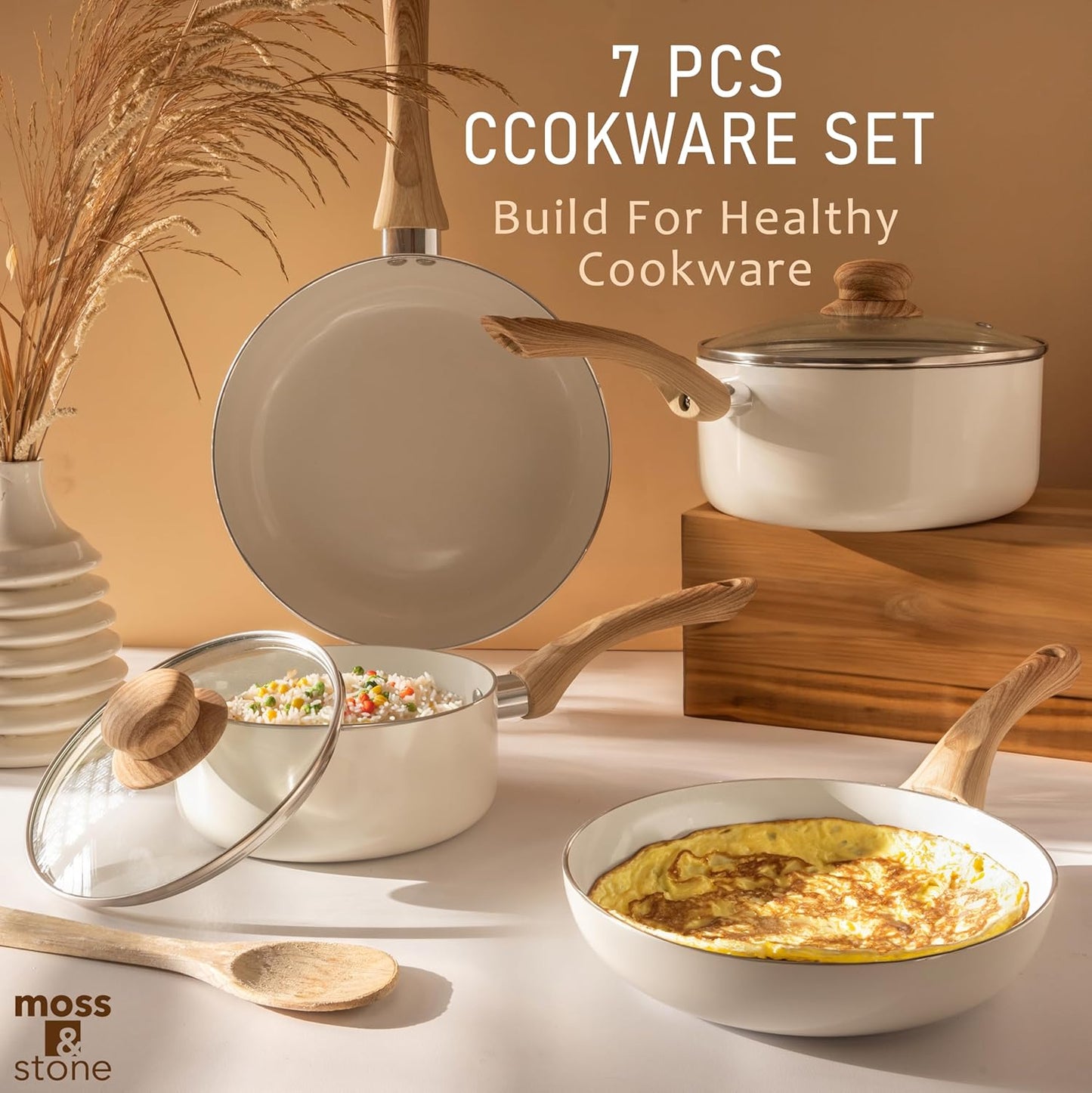 Moss & Stone 6 Pcs White Nonstick Cookware Set, Pots And Pans Set Non stick With Glass Lid, Induction Cookware, Stay-Cool Handle PTFE/PFOA Kitchen Pots 6-Piece with Frying Pans & Saucepan