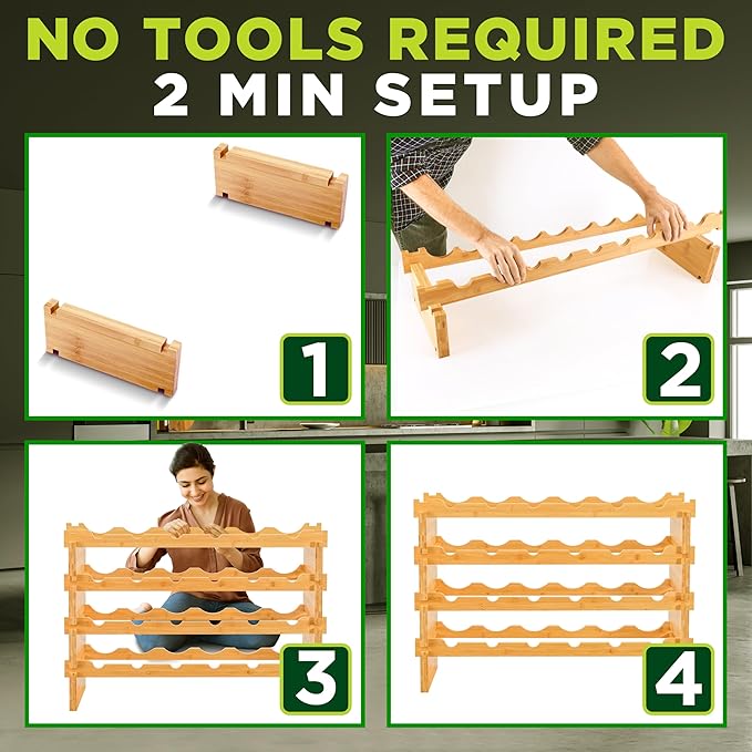 4 - Tier 24 Bottle Bamboo Stackable Wine Rack - Wobble-Free Modular Liquor Display Shelves, Compatible for Magnum Size Bottles | Can Hold up to 220.5 lbs (Natural)