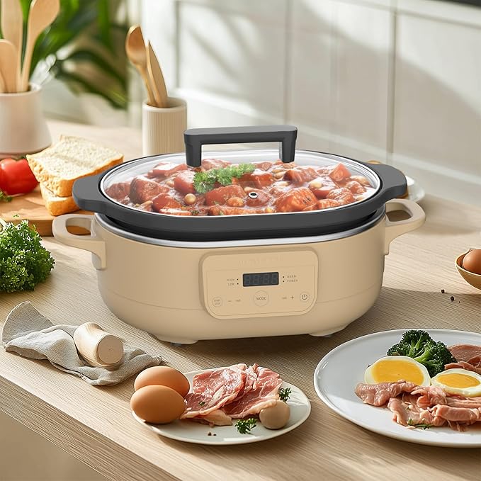 MAGNIFIQUE 6 Quart Programmable Slow Cooker Removable Healthy Nonstick Pot - Small Kitchen Appliance for Family Dinners - Serves 6+ People - Heat Settings: Keep Warm Brown Sugar