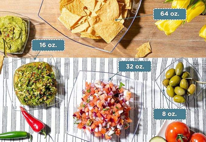 Posh Setting Clear Plastic Serving Bowls Disposable - Square Bowls - Square Candy Bowl - Plastic Snacks & Chip Bowls for Parties - Black, Gold & Clear, White Serving Dishes, 16 OZ, 4 Pack