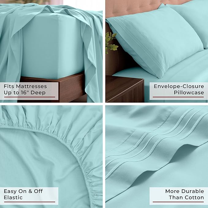 Mellanni King Sheets Set - 4 PC Iconic Collection Bedding - Hotel Luxury, Extra Soft, Cooling Bed Sheets - Wrinkle, Fade, Stain Resistant (King, Aqua)