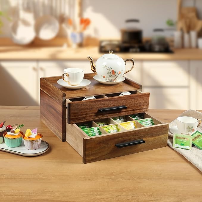 Double-Drawer Acacia Wood Tea Bag Organizer - Tea Box with Drawer, Tea Accessories for Tea Organizers and Storage Box, Tea Station Chest Caddy for Countertop Cabinet Office (16-Compartment, Gift Box)