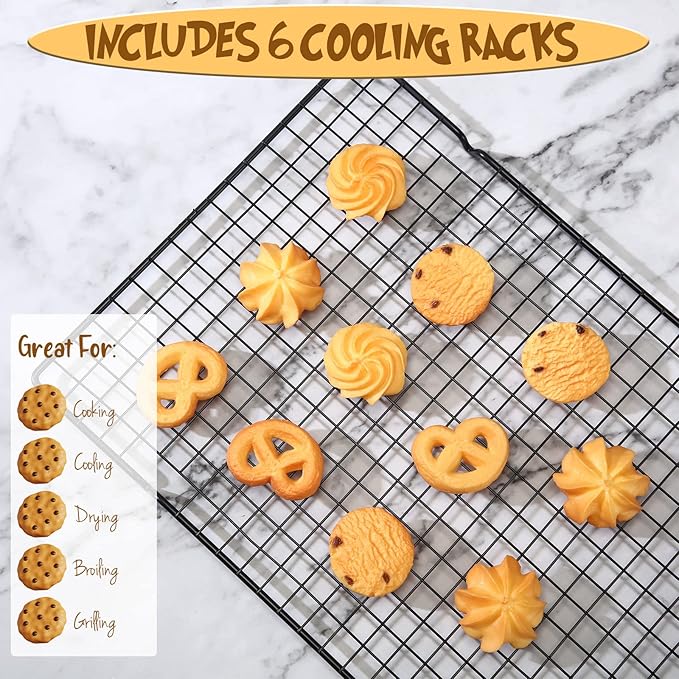 Harloon 6 Pieces Cooling Racks for Cooking and Baking Oven Safe Grid Wire Set Heavy Duty Carbon Steel Nonstick Baking Rack for Roasting Cooking Grilling Drying (16 x 9.8 Inches)
