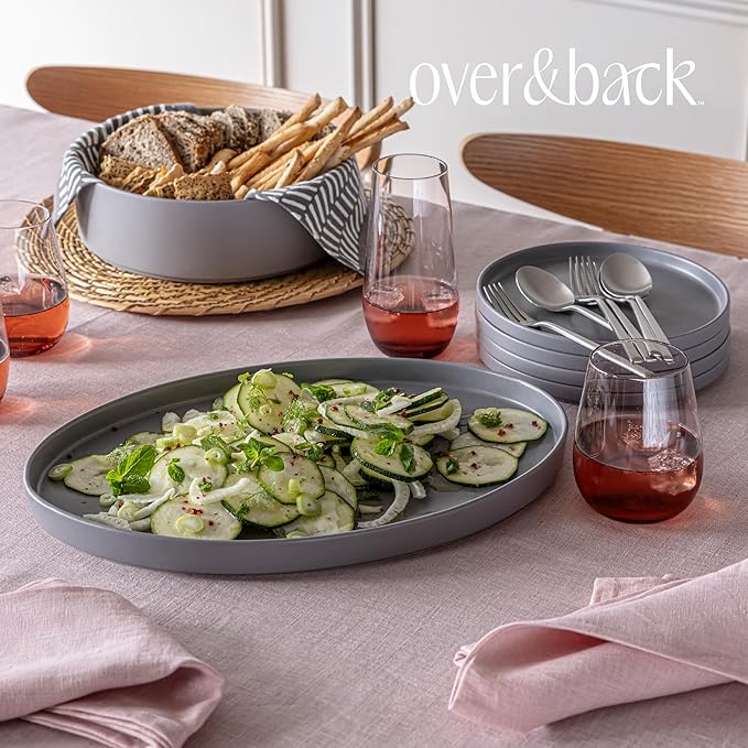over&back Stackable Stoneware Serving Platter - Elegant 1-Piece Oval Serving Platter to Complete Your Kitchen Set - Perfect for Appetizers, Desserts, and More - 16" L x 11" W - Semi-Matte Charcoal
