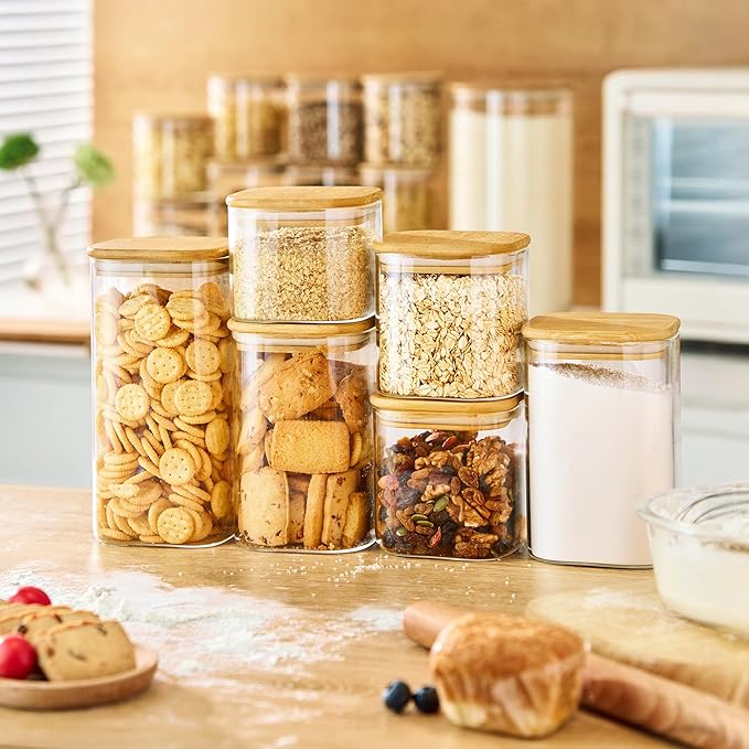 27oz - 4 Pack Square Glass Jars with Bamboo Lids, Glass Food Storage Containers with Airtight Lids for Kitchen, Air Tight Pantry Storage Containers for Cereal, Pasta, Rice, Sugar, Coffee, Spice