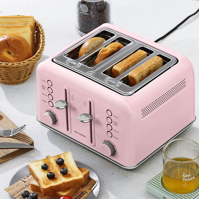 BUYDEEM DT640 4-Slice Toaster, Extra Wide Slots, Retro Stainless Steel with High Lift Lever, Bagel and Muffin Function, Removal Crumb Tray, 7-Shade Settings,Pink
