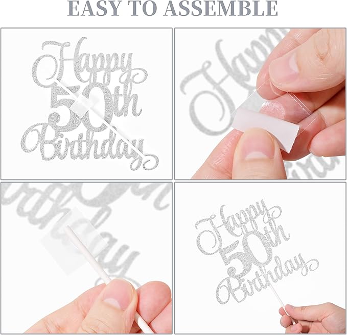 50th Birthday Cake Decorations, 50th Birthday Candles Cake Numeral Candles and Glitter Happy 50th Birthday Cake Toppers Set for Birthday Party Supplies (Silver)