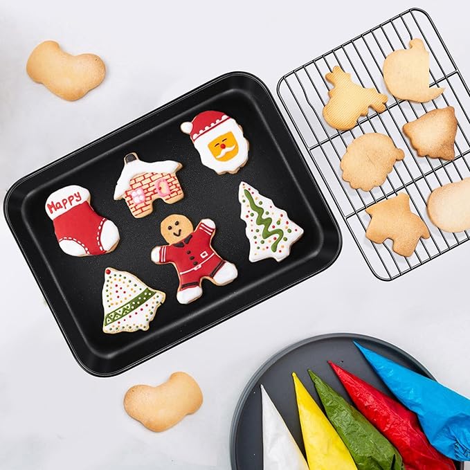 TeamFar Toaster Oven Pan with Rack Set, 10.5 x 8 x 1 Inch Nonstick Small Baking Pan Tray with Cooling Rack for Baking Roasting, Non-Toxic & Heavy Duty, Easy Clean, Set of 4