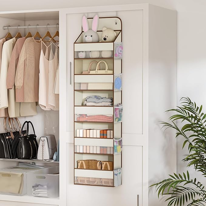 LAMU 1 Pack Over the Door Organizer Hanging with 5 Large Pockets and 10 Mesh Pockets, 44lb Over the Door Storage for Closet, Nursery and Bathroom, Behind the Door Storage with Clothes and Toys, Beige