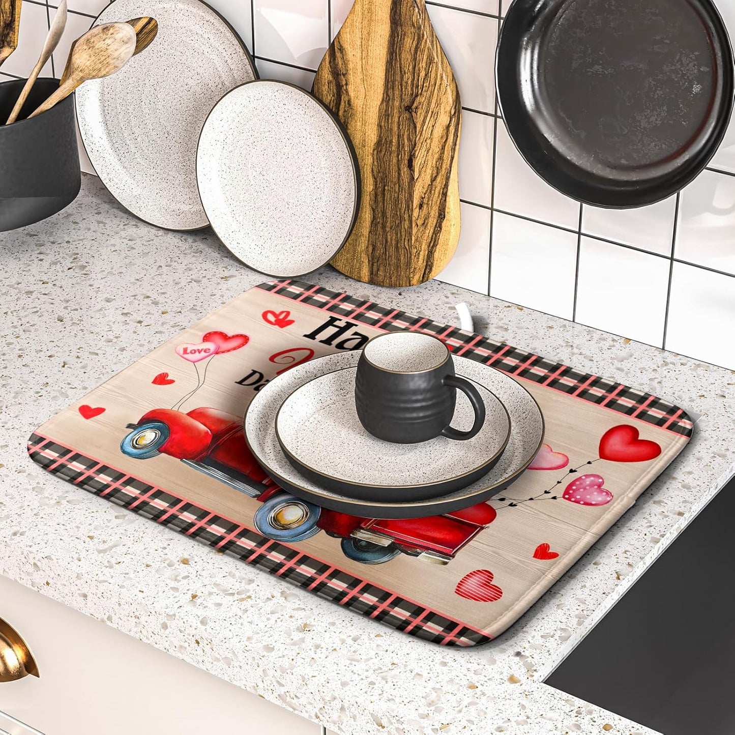 Valentine's Day Truck Dish Drying Mat 16x18 inch Love Heart Washable Absorbent Dishes Pad Dish Drainer Mat for Kitchen Counter Sink Coffee