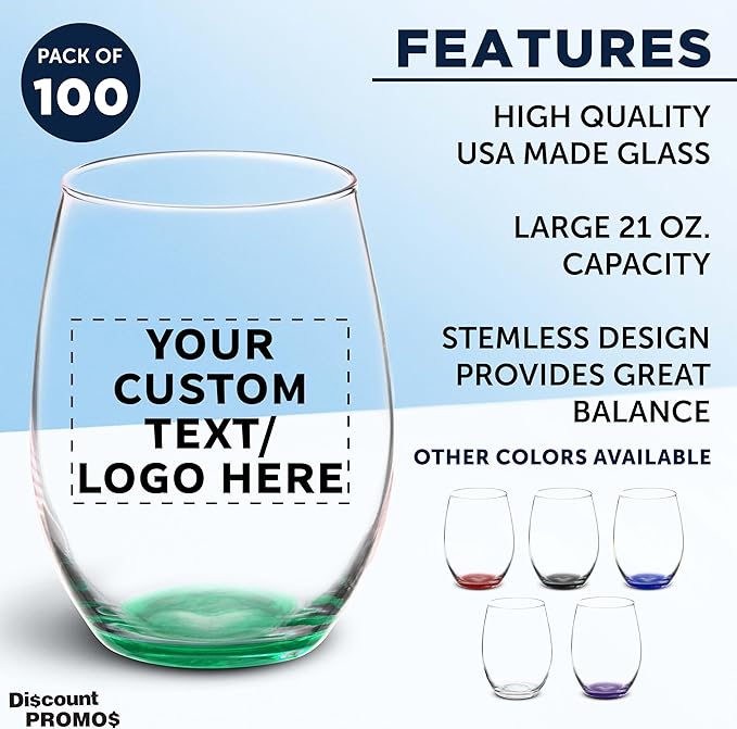 DISCOUNT PROMOS 100 ARC Stemless Wine Glasses Set, 21 oz. - Customizable Text, Logo - Chardonnay, Cabernet, Merlot, Sauvignon - Green