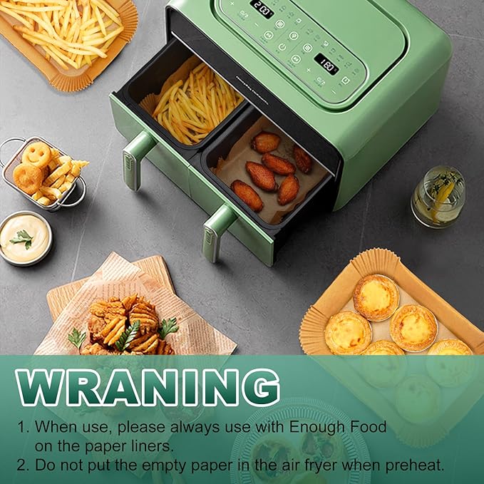 Vailnd Air Fryer Paper Liners Disposable - 50 PCS 8.6x5.5 Inch Rectangle Parchment Paper Sheets, Food Grade Baking Paper for Dual Basket Air Fryer, Oilproof, Waterproof