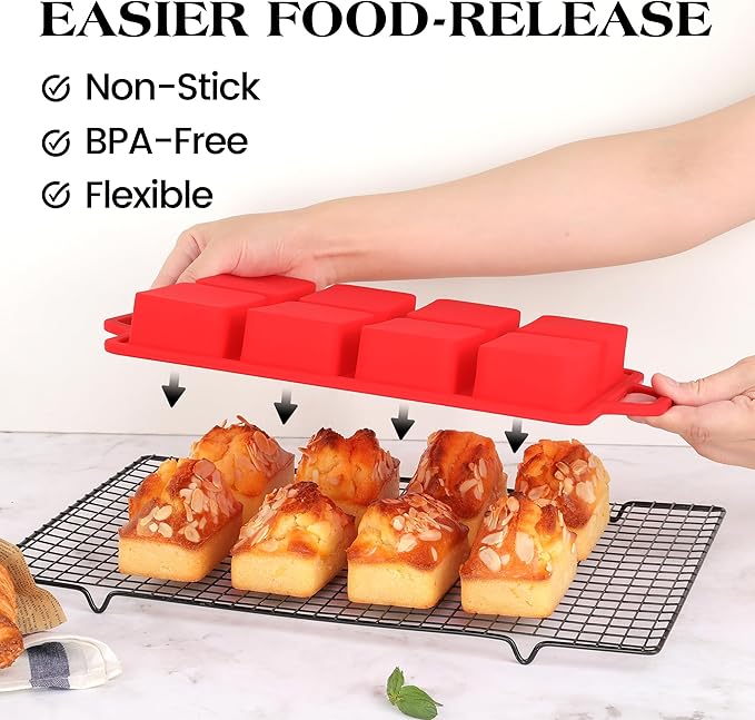 2 Pcs Mini Loaf Pans Silicone, Nonstick Small Bread Pans for Baking, Tiny Meatloaf Pan with Metal Reinforced Frame 8 Cavity (Red)