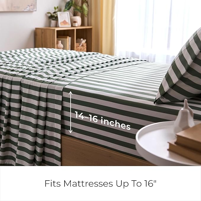 Mellanni Twin XL Sheets Set - 3 PC Iconic Collection Bedding - Hotel Luxury, Extra Soft, Cooling Bed Sheets - Wrinkle, Fade, Stain Resistant (Twin Extra Long, Oxford Stripe Sage)