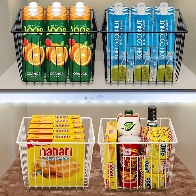 SANNO Freezer Baskets Freezer Wire Storage Basket, Organizer Food Storage Bin with Handles for Cabinets, Pantry, Closets, Bedrooms 11.8" x 11.8" x7"