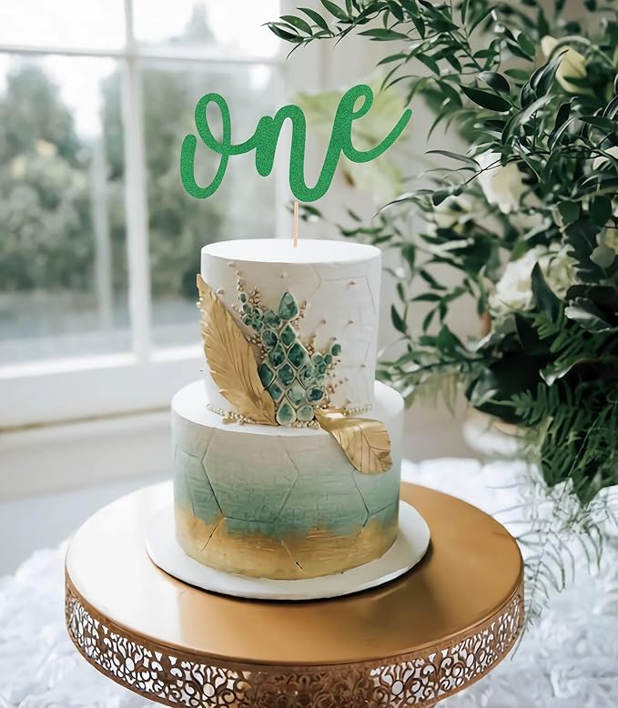 First Birthday Cake Topper - Green Glitter One Cake Decorating Supplies for Girls and Boys, Perfect for Baby Shower/Gender Revealing Party/Baby Party Photo Booth Props