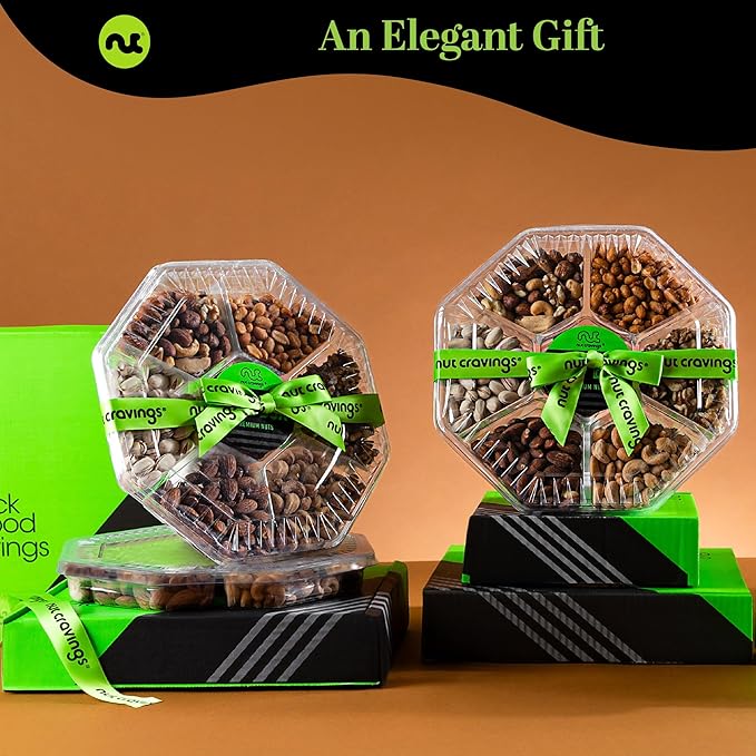 NUT CRAVINGS - Mixed Nuts Gift Basket + Green Ribbon (7 Assortments, 2.2 LB) Food Arrangement, Healthy Snack Care Package, Food Assortments