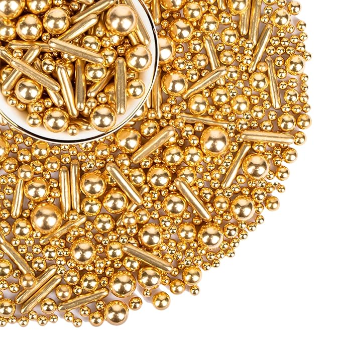 Gold Pearl Sprinkles,Edible Rods Pearl Sugar Candy Mix Size,130g/4.58oz,Baking Edible Cake Decorations,Cupcake Toppers,Cookie Decorating Donuts Ice Cream,Food Grade,Holiday Wedding Party Valentines Christmas Supplies