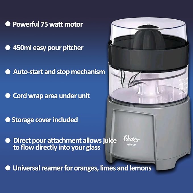 Oster Electric Citrus Juicer, High-Performance Silver 75 Watt Motor Electric Orange Juice Squeezer for Oranges, Lemons, and Limes