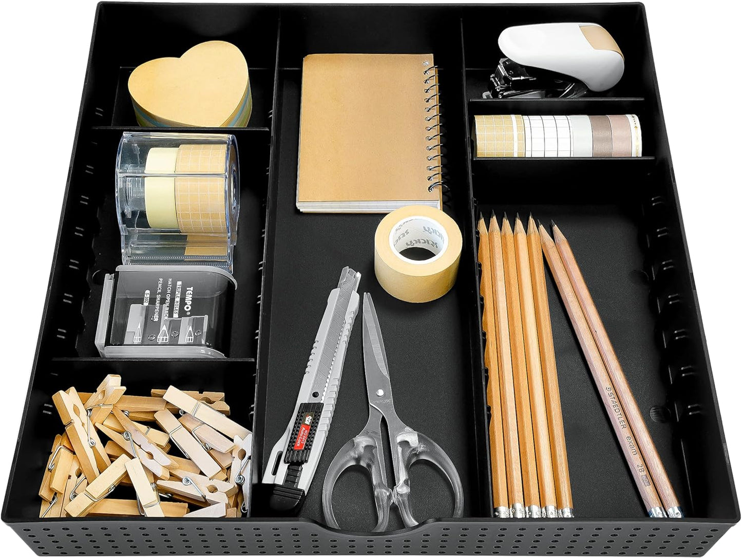 CAXXA 3 Slot Drawer Organizer with 4 Adjustable Dividers - 7 Compartments Junk Drawer Storage for Makeup & Vanity, Office Desk Supplies and Accessories, BLACK (2 pack)