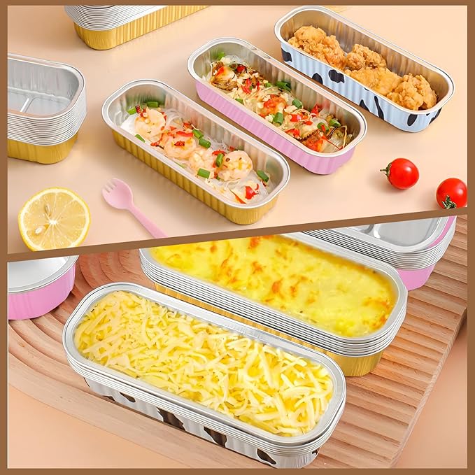 50 PCS Multiple colors Mini Loaf Pans with Lids and Spoons, 6.8oz Mini Cake Pans for Baking, Disposable Aluminum Foil Loaf Pans, Loaf Baking Pans for Party Individual Serving.
