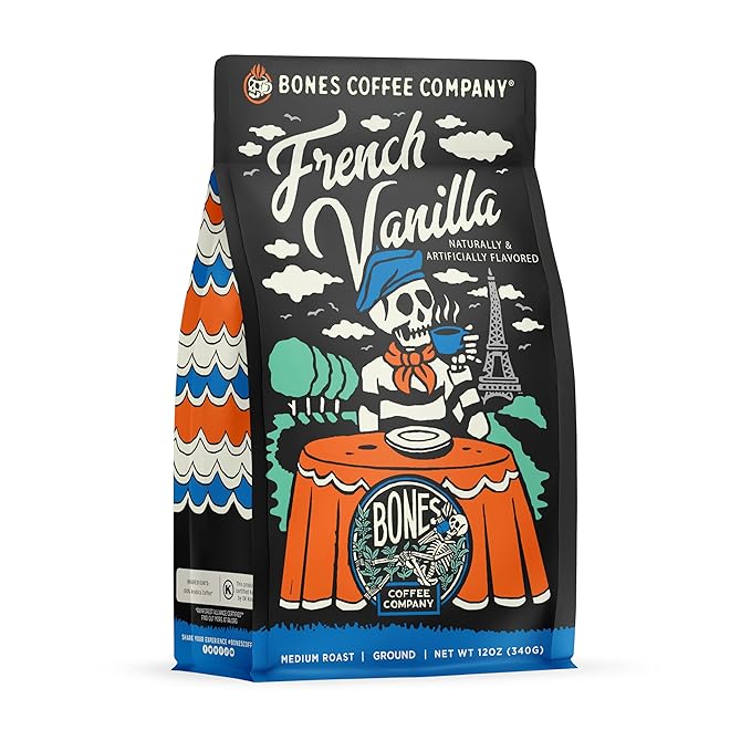 Bones Coffee Company French Vanilla, Creamy Vanilla Flavored Coffee, Medium Roast Low Acid Arabica Beans Compatible with Auto drip and French Press Coffee Maker, 12 Oz Ground