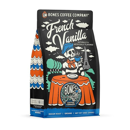 Bones Coffee Company French Vanilla, Creamy Vanilla Flavored Coffee, Medium Roast Low Acid Arabica Beans Compatible with Auto drip and French Press Coffee Maker, 12 Oz Ground
