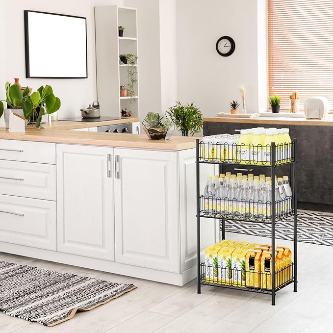 OYEAL Water Bottle Holder Rack 3 Tier Soda Drink Organizer Vertical Metal Food Storage Shelf for Kitchen Countertop Pantry, Can Storage Organizer for Pantry