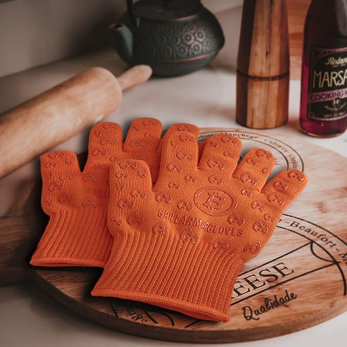 Oven Gloves 932°F Extreme Heat & Cut Resistant Oven Mitts with Fingers for BBQ, Cooking, Grilling, Baking – Accessory for Fire Pit, Camping, Fireplace & More - Orange Bitcoin Gift