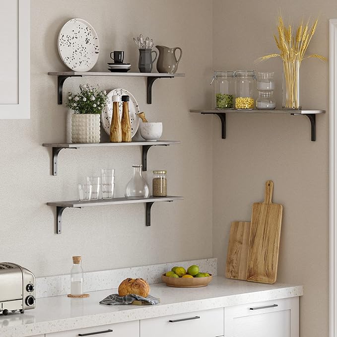 DINZI LVJ Long Wall Shelves, 23.6 Inch Wall Mounted Shelves Set of 2, Easy-to-Install, Wall Storage Ledges with Sturdy Metal Brackets for Living Room, Bathroom, Bedroom, Kitchen, Gray Wash