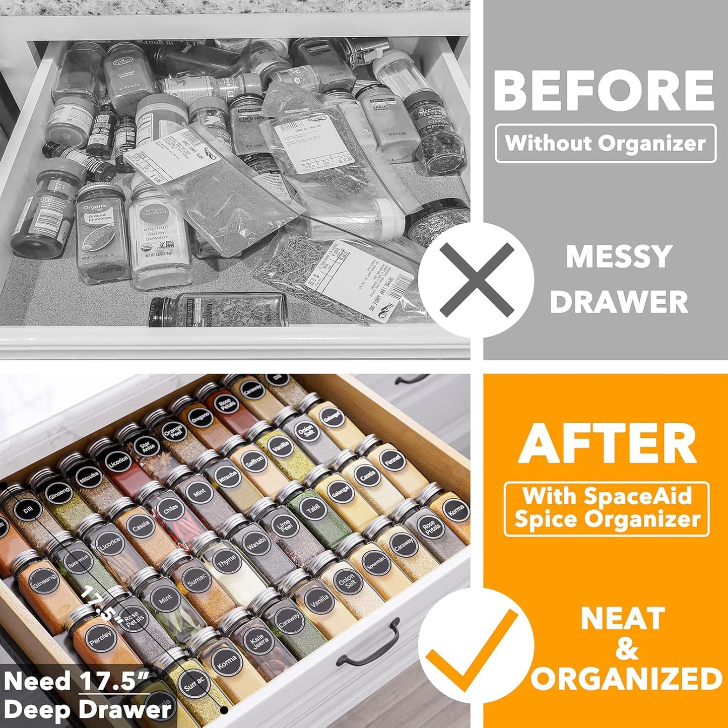 SpaceAid Spice Drawer Organizer with 44 Spice Jars, 386 Spice Labels, 4 Tier Seasoning Rack Tray Insert for Kitchen Drawers, 20.25" Wide x 17.5" Deep