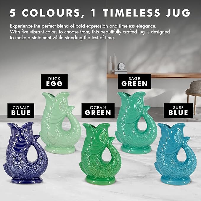 Gurgle Glug Jug The Bubble Jug® Surf Blue 50 fl oz 1.5L Litre Extra Large Pitcher - Fish Shaped Jug - Decorative Ceramic Glugging Cocktail, Water and Gin Vase and Gurgling Carafe Pot