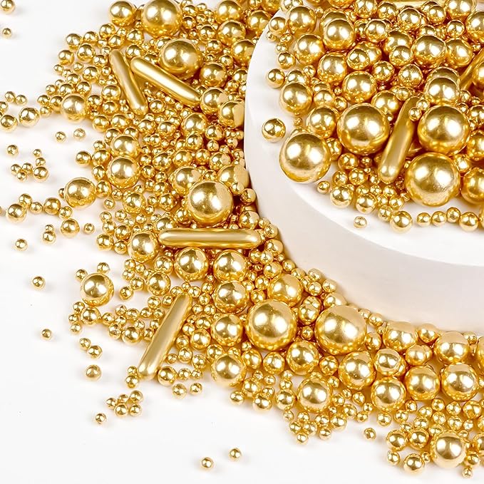 Gold Pearl Rods Sprinkles for Cake Decorating, Edible Sugar Pearls Rods Candy, 150g/5.29oz, Mix Size Cake Topper Donuts Cupcake Cookie Dessert Decorations, Holiday, Wedding Party, Easter Supplies