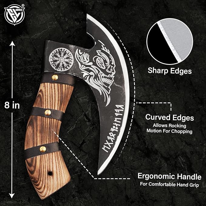 Edgelandknives® Multipurpose Viking Pizza Axe with Sheath, Viking Butcher Axe, Viking Pizza Cutter Axe - Burned Wood Handle & Heavy Duty Viking Skull Head - Perfect for Cutting Pizza, Meat, Vegetables