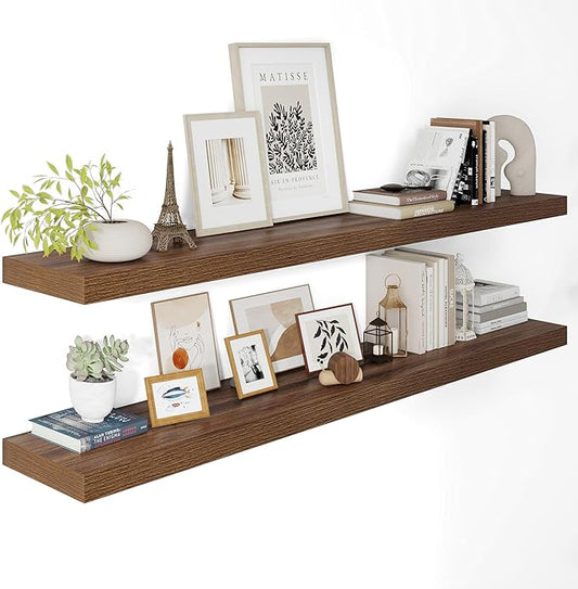 Wide Floating Shelves for Wall 12 Inch Deep, 55" X 12" X 2" Floating Shelf, 2 Inch Thick Shelf for Bathroom Bedroom Kitchen Book Room, Heavy Duty 85lbs Shelves for Farmhouse Decor Set of 2, Walnut