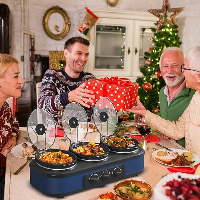 Kiss the Water Triple Slow Cooker Buffet Servers and Warmer,3 Pot Food Small Mini Manual Slow Cooker with Adjustable Temp Stainless Steel Lid Rests,Removable Ceramic Pot, 3 * 1.5 Quarts Blue