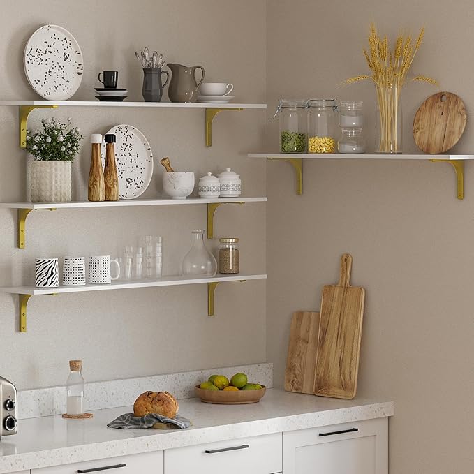 DINZI LVJ Long Wall Shelves, 47.3" Wall Mounted Shelves Set of 4, Large Floating Shelves for Wall with Metal Brackets, for Living Room, Bathroom, Bedroom, Kitchen, White and Gold