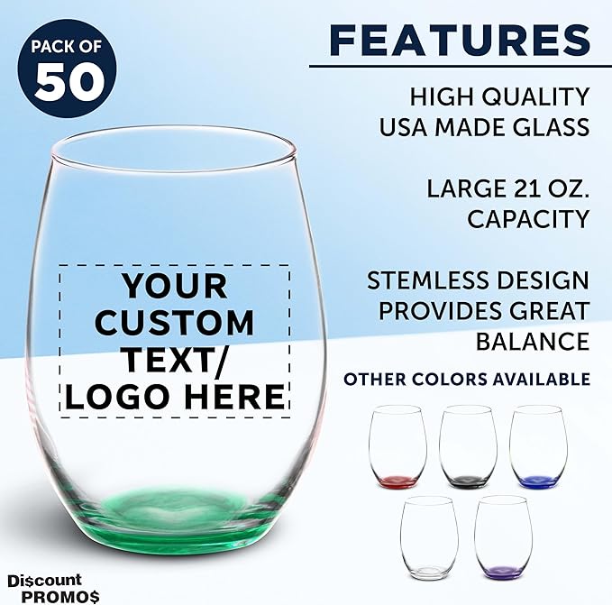 DISCOUNT PROMOS 50 ARC Stemless Wine Glasses Set, 21 oz. - Customizable Text, Logo - Chardonnay, Cabernet, Merlot, Sauvignon - Green