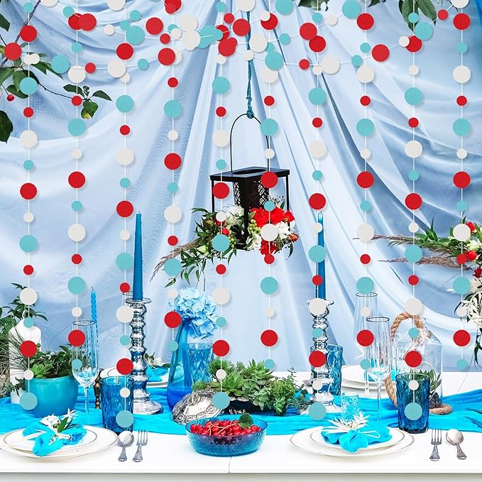 Outus 5 Pieces Colorful Dots Paper Garland Round Glitter Garland Hanging Confetti Streamers Backdrop Decoration for Birthday Classroom Candy Sprinkles Trunk or Treat Party (Light Blue,White,Red)