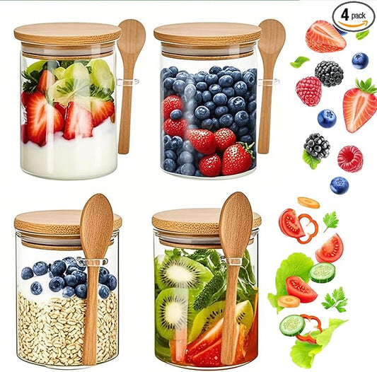 4-Pack 18.5oz Airtight Glass Meal Prep Containers with Lids – Overnight Oats Jars for Coffee, Nuts, Candy, Chia Seed Sugar & Pudding | Leakproof Borosilicate Glass Food Storage Jars