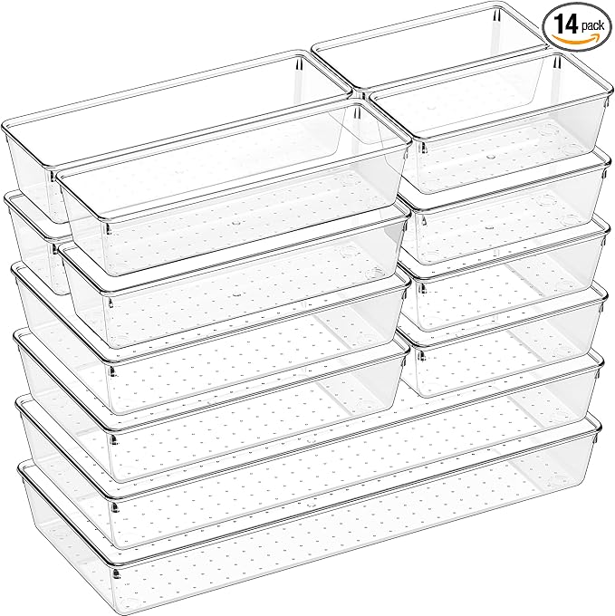 Criusia 14 PCS Clear Plastic Drawer Organizer Set - 5 Large Size Versatile Kitchen and Bathroom Organizer Trays, Non-Slip Storage Bins for Makeup, Utensils, Tool and Office Desk